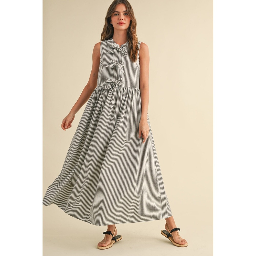 Miou Muse Tessa Stripe Bow Tie Dress Blue White Sleeveless Midi Small Coastal - Picture 2 of 13